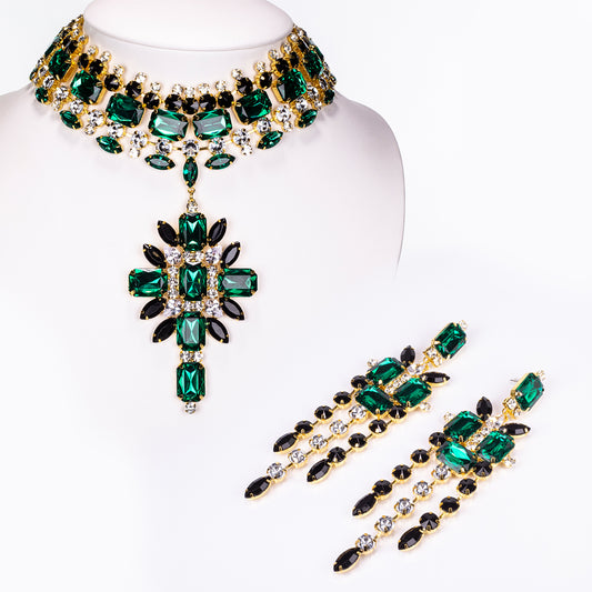 Zestaw pozłacane z zielonym kryształem emporia® i białym kryształem emporia® ( Naszyjnik+Kolczyki )