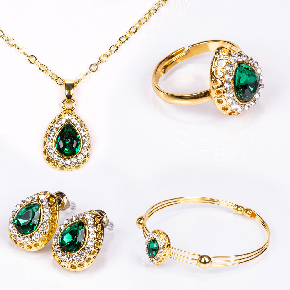Zestaw pozłacane z zielonym kryształem emporia® i białym kryształem emporia® ( Naszyjnik+Kolczyki+Bransoletka+Pierścionek +Zawieszka ) 1 