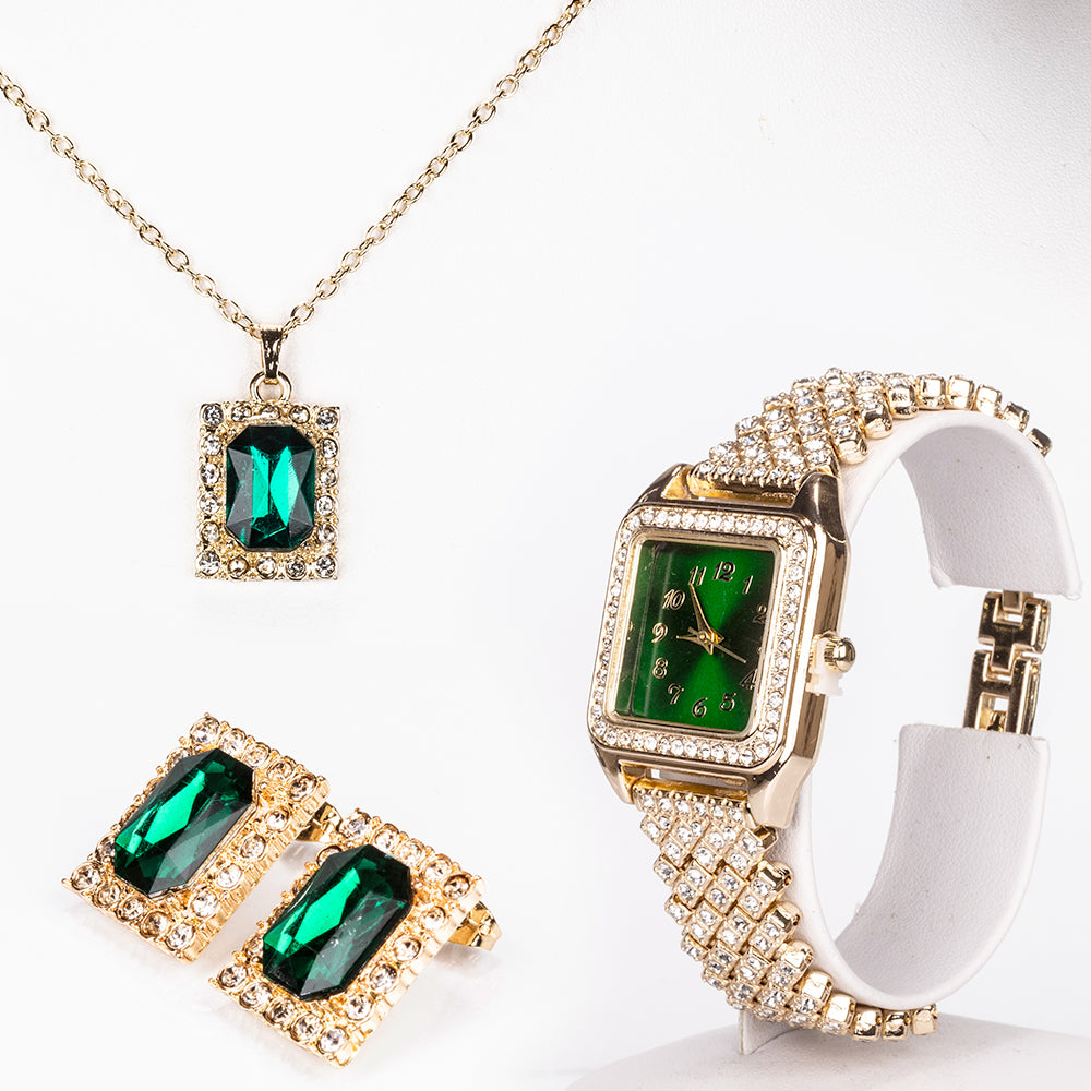 Zegarek pozłacany z zielonym kryształem emporia® i białym kryształem emporia® ( Naszyjnik+Kolczyki+Zawieszka )