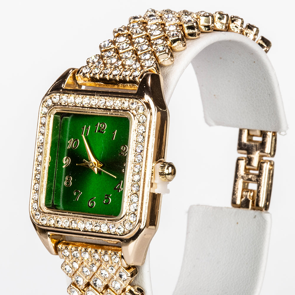 Zegarek pozłacany z zielonym kryształem emporia® i białym kryształem emporia® ( Naszyjnik+Kolczyki+Zawieszka )