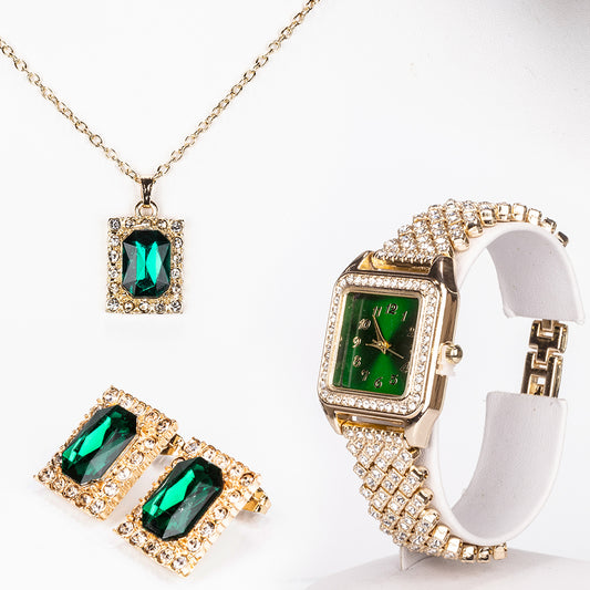 Zegarek pozłacany z zielonym kryształem emporia® i białym kryształem emporia® ( Naszyjnik+Kolczyki+Zawieszka )