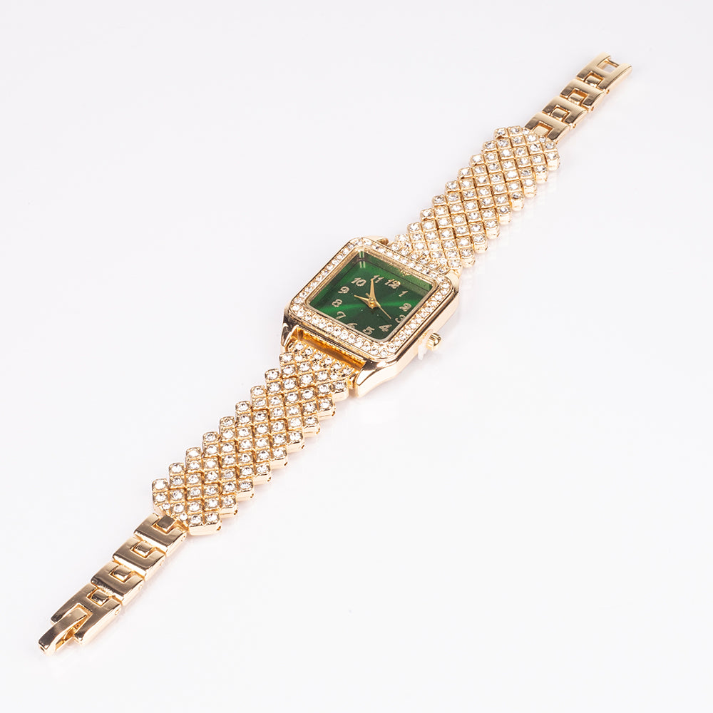 Zegarek pozłacany z zielonym kryształem emporia® i białym kryształem emporia® ( Naszyjnik+Kolczyki+Zawieszka )