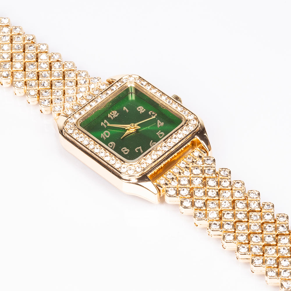 Zegarek pozłacany z zielonym kryształem emporia® i białym kryształem emporia® ( Naszyjnik+Kolczyki+Zawieszka )