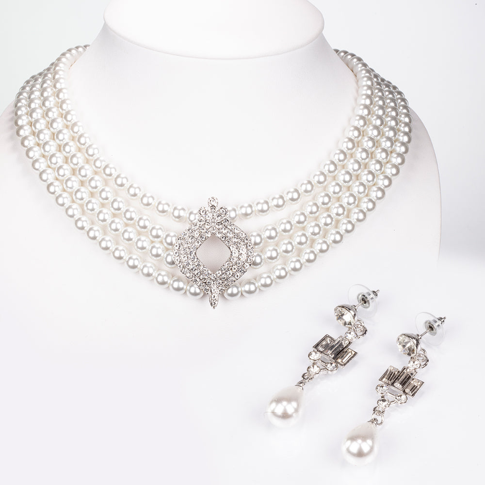 Zestaw pozłacane ze szklaną perłą i białym kryształem emporia® ( Naszyjnik+Kolczyki )