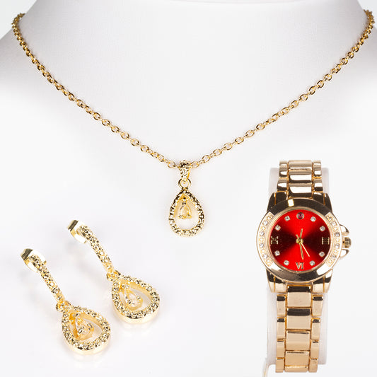 Zegarek pozłacany z rubinem i białym kryształem emporia® ( Naszyjnik+Kolczyki+Zawieszka )