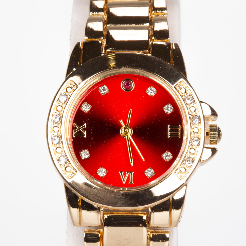 Zegarek pozłacany z rubinem i białym kryształem emporia® ( Naszyjnik+Kolczyki+Zawieszka ) 6 