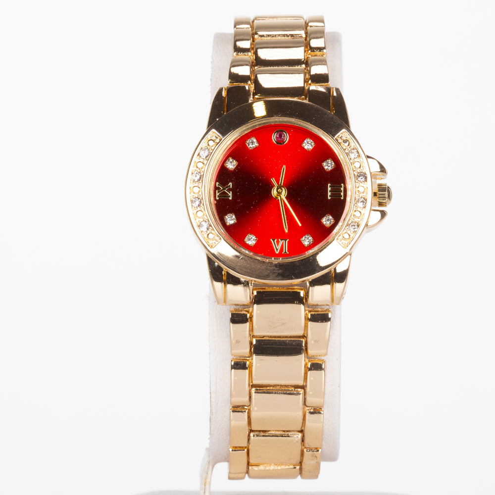 Zegarek pozłacany z rubinem i białym kryształem emporia® ( Naszyjnik+Kolczyki+Zawieszka )