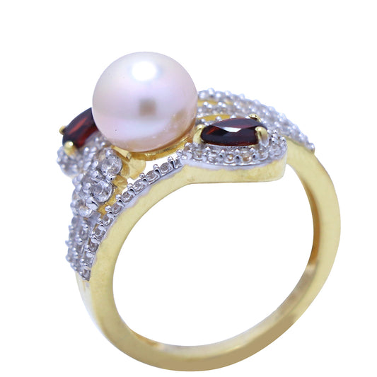 Pierścionek srebrny pozłacany z walentynkową różową perłą słodkowodną i granatem