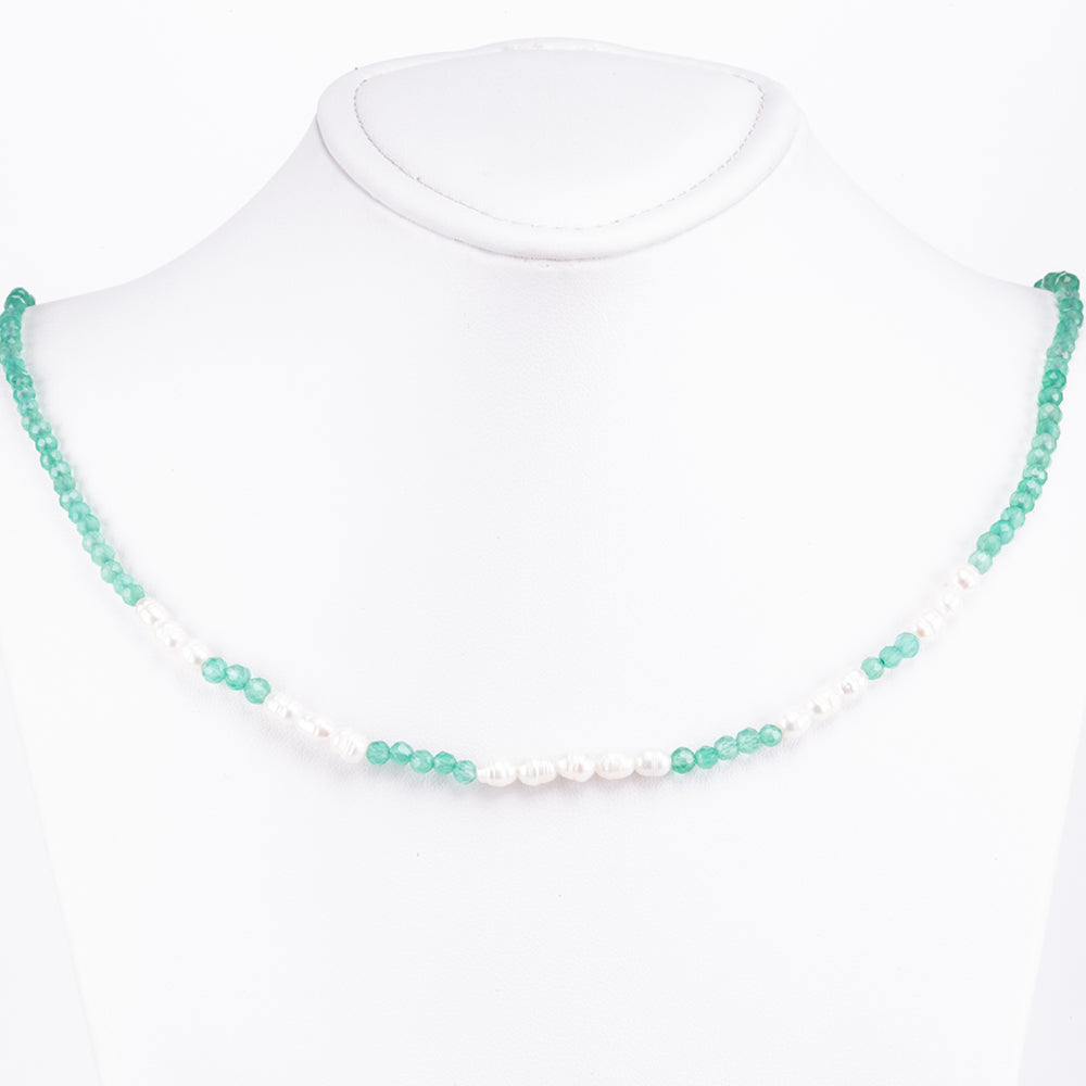 Zestaw srebrne pozłacane z zielonym onyksem i ze szklaną perłą ( Naszyjnik+Bransoletka )