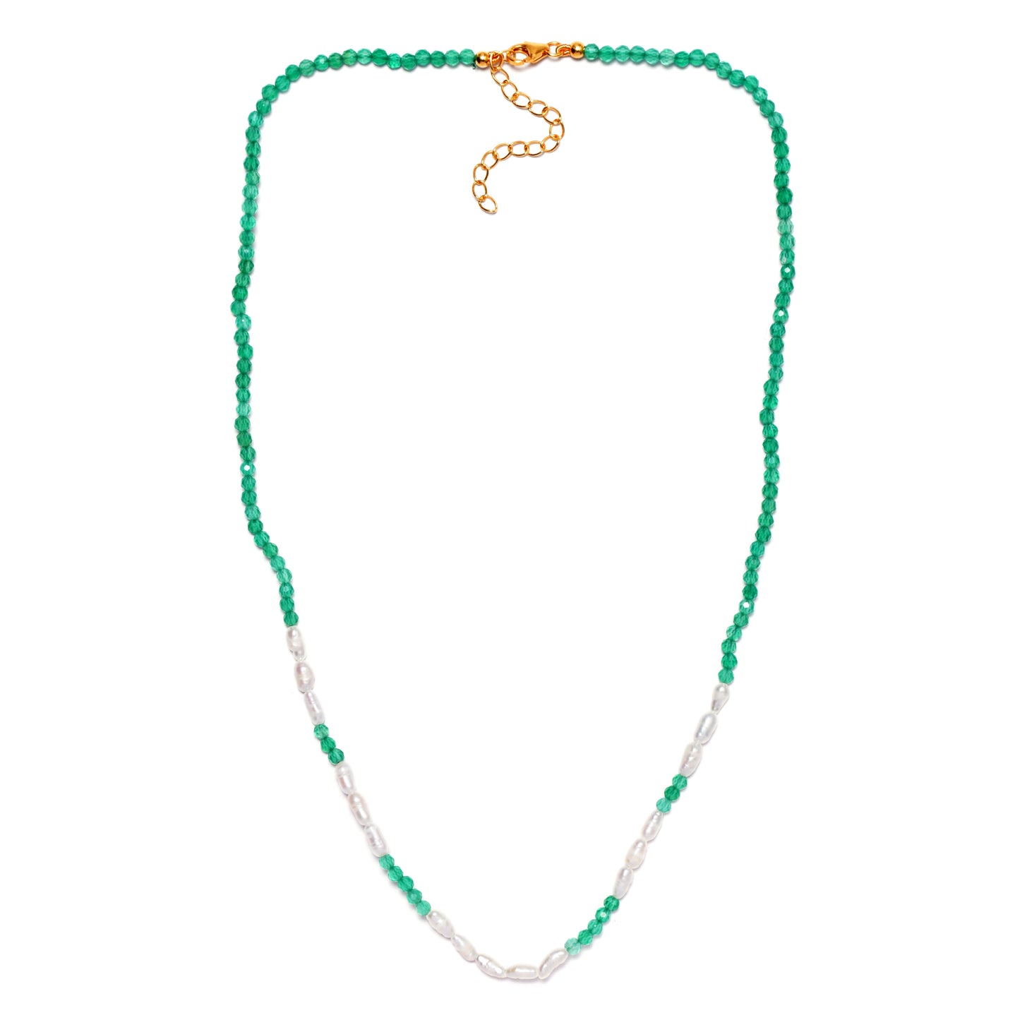 Zestaw srebrne pozłacane z zielonym onyksem i ze szklaną perłą ( Naszyjnik+Bransoletka )