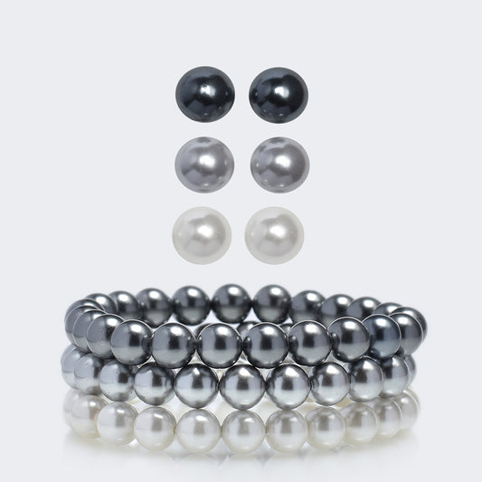 Zestaw ze srebra próbe 925 ze srebrną perłą hodowlaną i szarą perłą hodowlaną ( Kolczyki+Bransoletka )