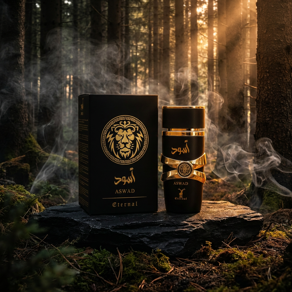 100 ml Eau de Perfume Oriental ASWAD (TOP: BLACK PEPPER, CYPRESS, PINEAPPLE, PINE, ROSEMARY; MIDDLE: FIRBALSAM, PATCHOULI, INCENSE; BASE: LABDANUM, AMBER, CITRUS, CASHMERE WOOD, VANILLA, DRY WOODS)