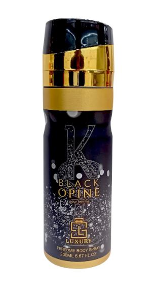 Perfume Body Spray BLACK OPINE 200 ML (Top: PINK PEPPER, ORANGE BLOSSOM, PEAR; Middle: WHITE FLOWERS, JASMINE, COFFEE; Base: VANILLA, PATCHOULI, CEDARWOOD, MUSK)