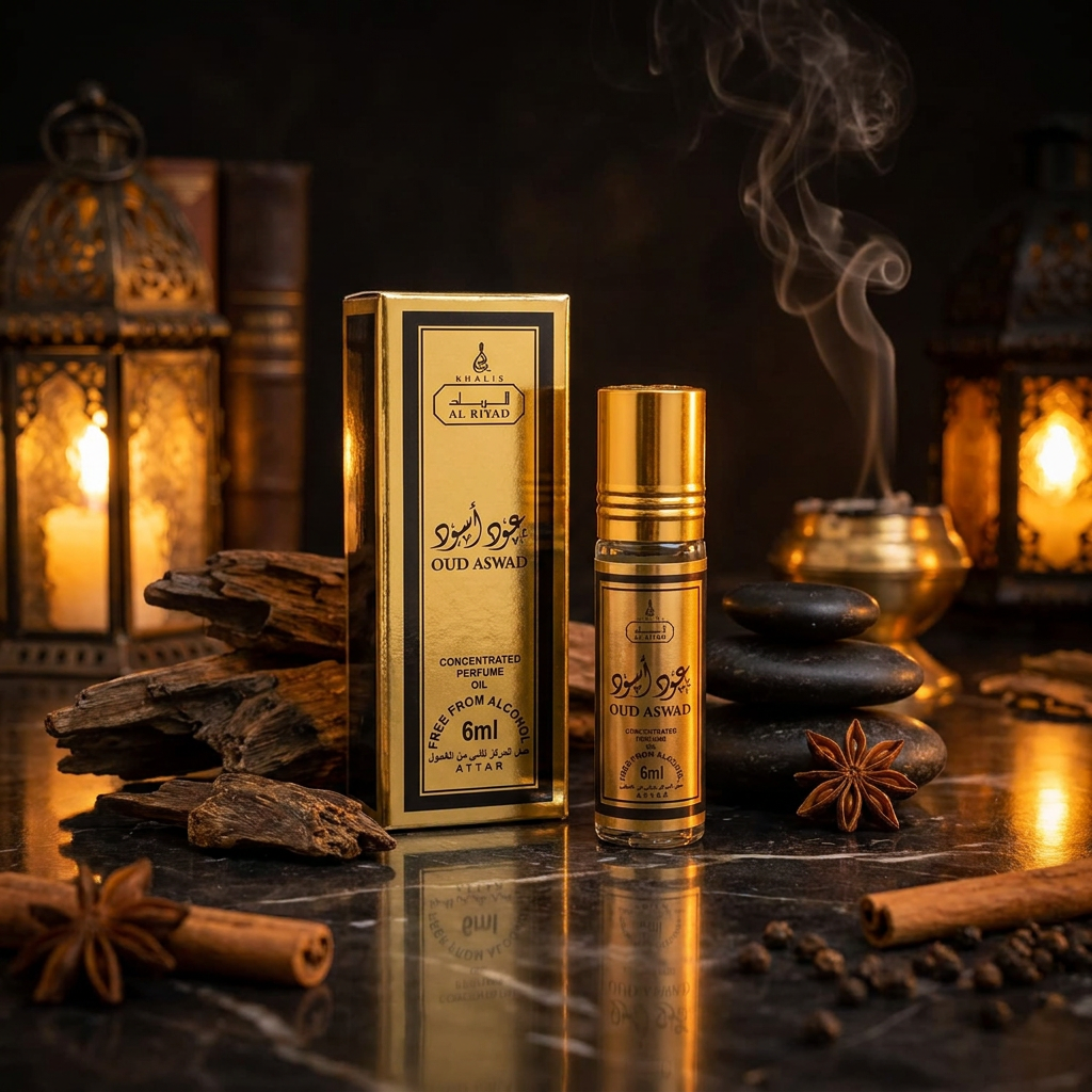 OUD ASWAD 6 ml perfume oil (TOP: PINK GRAPEFRUIT, CLARY SAGE, CARDAMOM; MIDDLE: RED GINGER, ORRIS, PATCHOULI; BASE: AGARWOOD, BLACK MUSK, AMBERGRIS, LABDAMUM, TONKA BEAN)