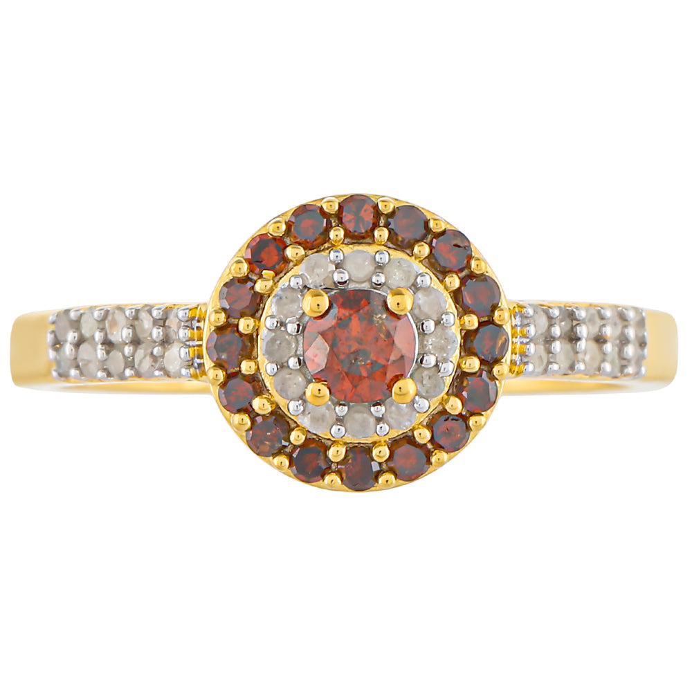 Pierścionek srebrny pozłacany z czerwonym diamentem i białym diamentem