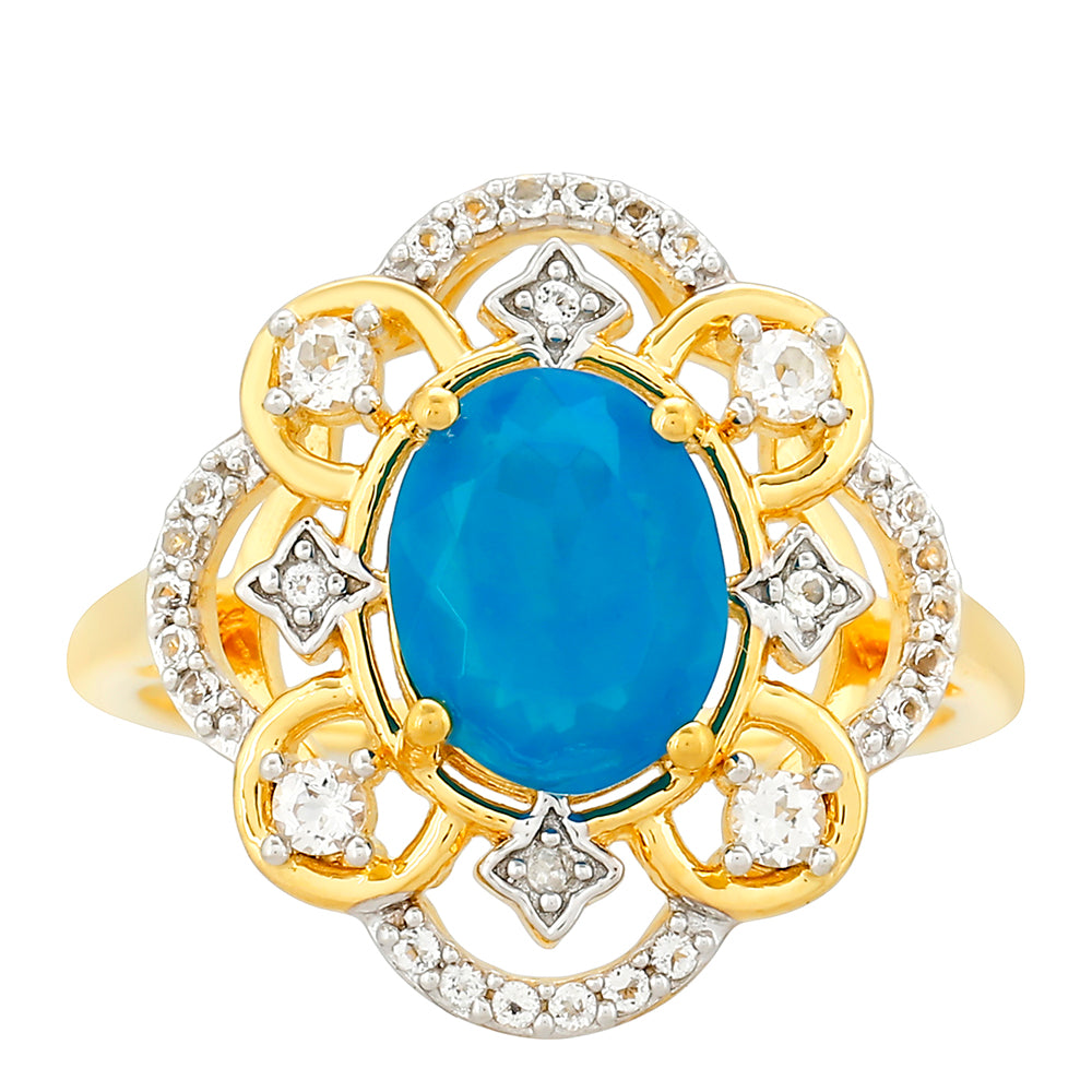 Pierścionek srebrny pozłacany z etiopskim Paraiba niebieskim opalem i białym topazem 1 