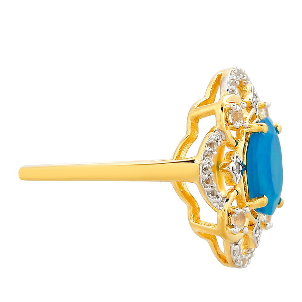 Pierścionek srebrny pozłacany z etiopskim Paraiba niebieskim opalem i białym topazem 2 