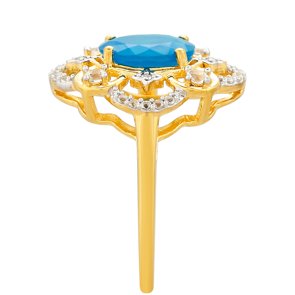 Pierścionek srebrny pozłacany z etiopskim Paraiba niebieskim opalem i białym topazem