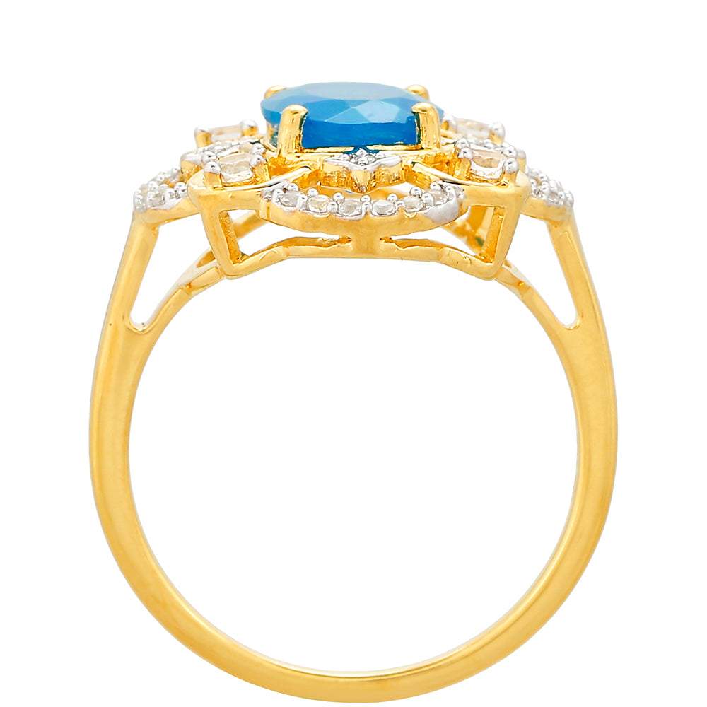 Pierścionek srebrny pozłacany z etiopskim Paraiba niebieskim opalem i białym topazem 4 