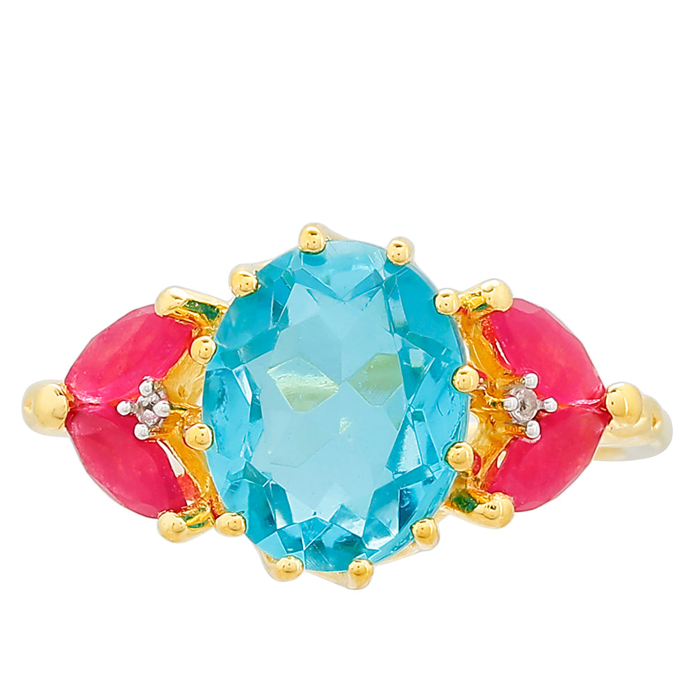 Pierścionek srebrny pozłacany z kwarcem Paraiba i czerwonym kwarcem 1 