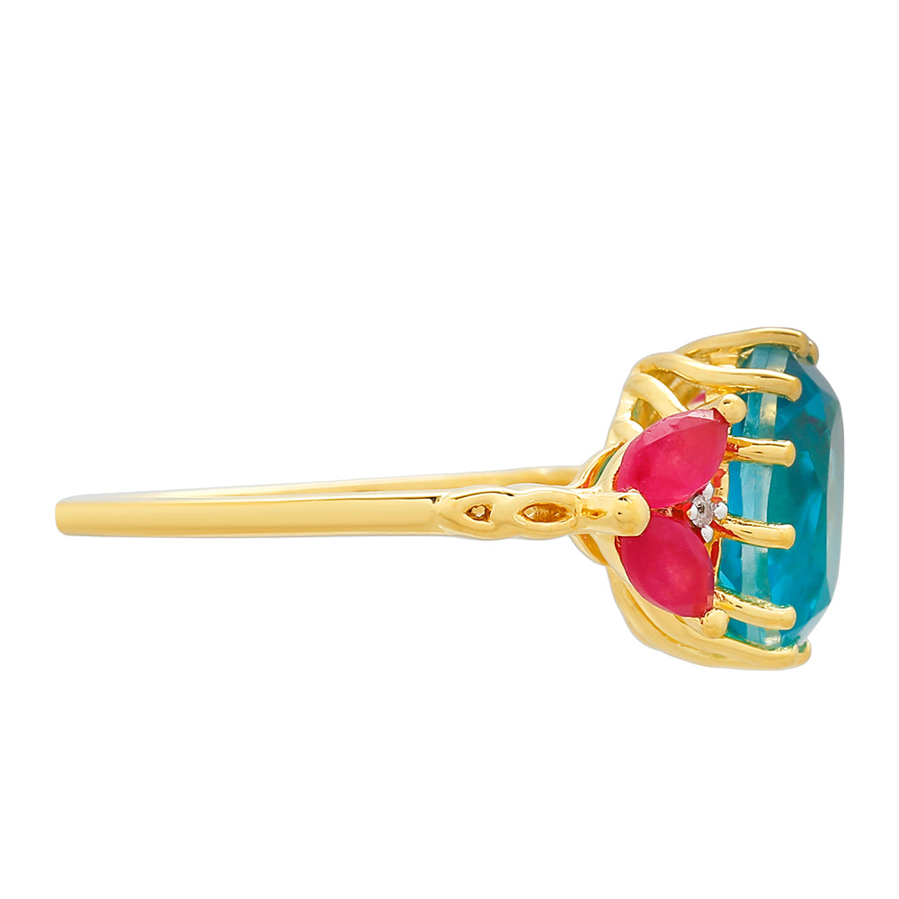 Pierścionek srebrny pozłacany z kwarcem Paraiba i czerwonym kwarcem