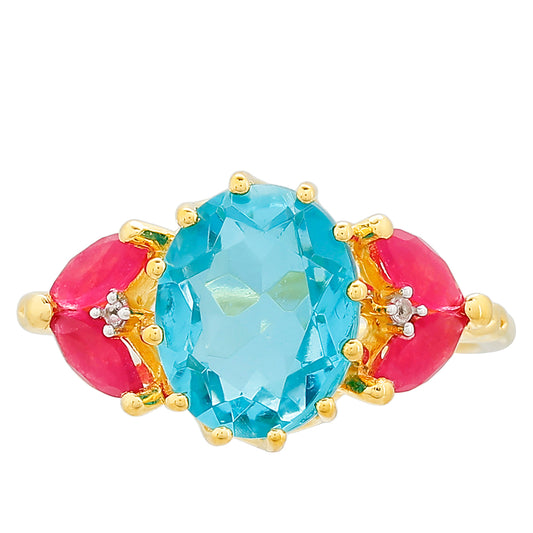 Pierścionek srebrny pozłacany z kwarcem Paraiba i czerwonym kwarcem