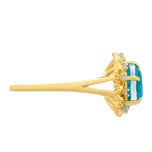 Pierścionek srebrny pozłacany z kwarcem Paraiba i niebieskim topazem