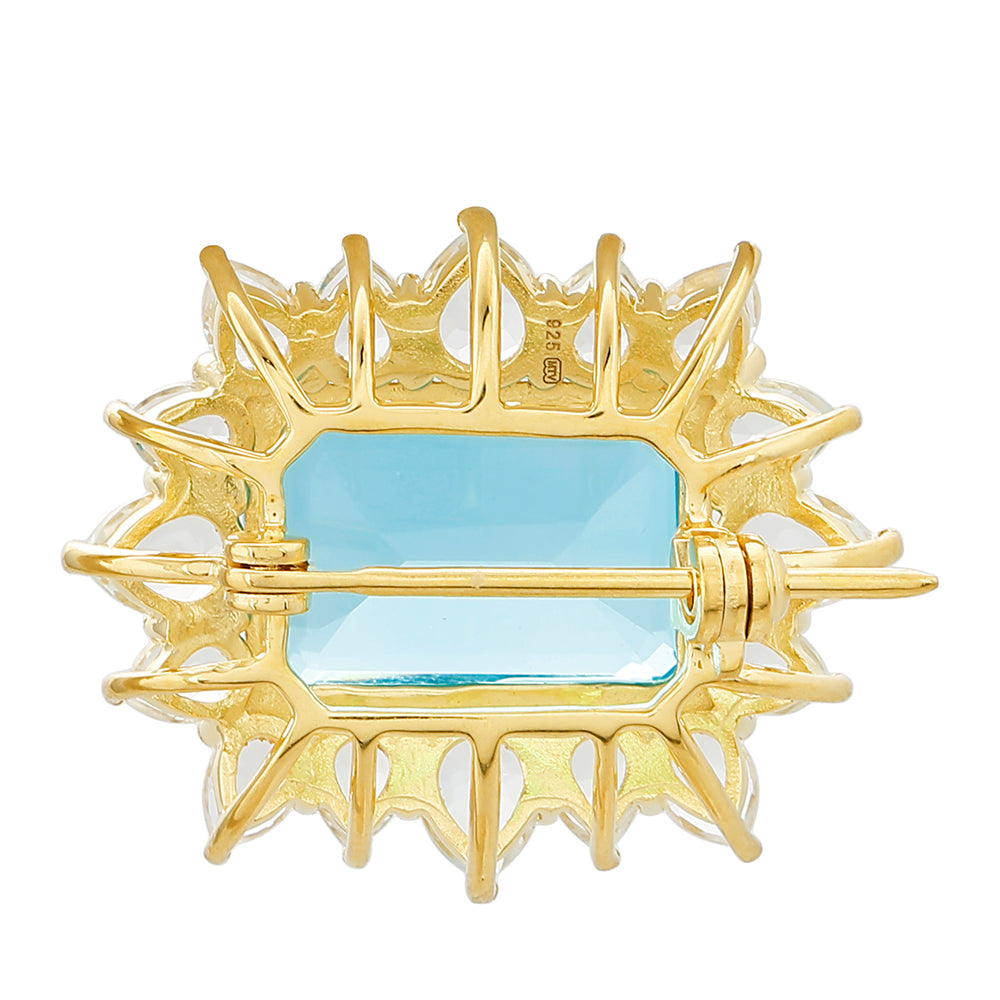 Broszka srebrny pozłacany z kwarcem Paraiba i białym topazem