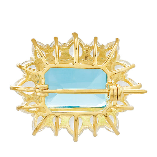 Broszka srebrny pozłacany z kwarcem Paraiba i białym topazem