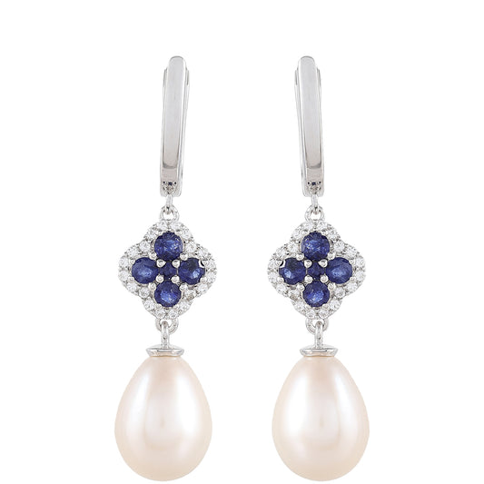 Kolczyki ze srebra próbe 925 z szafirem tajskim i białą perłą słodkowodną