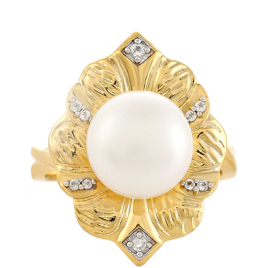 Pierścionek srebrny pozłacany z perłami hodowlanymi słodkowodnymi i białym topazem