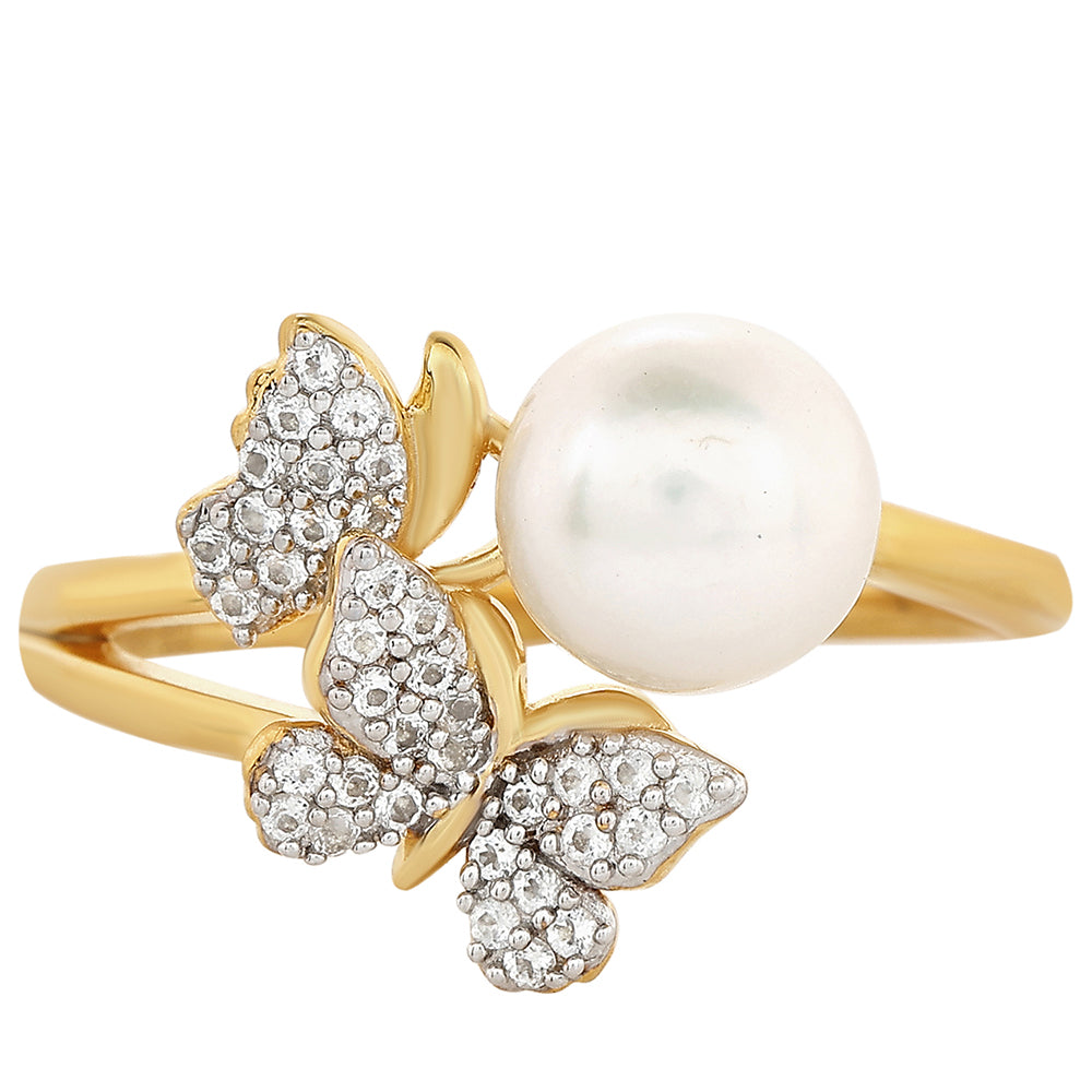 Pierścionek srebrny pozłacany z perłami hodowlanymi słodkowodnymi i białym topazem