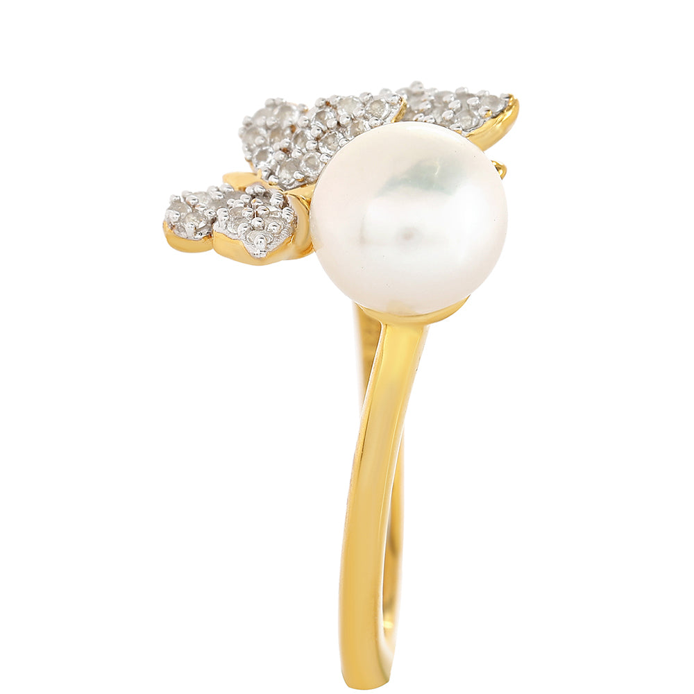 Pierścionek srebrny pozłacany z perłami hodowlanymi słodkowodnymi i białym topazem