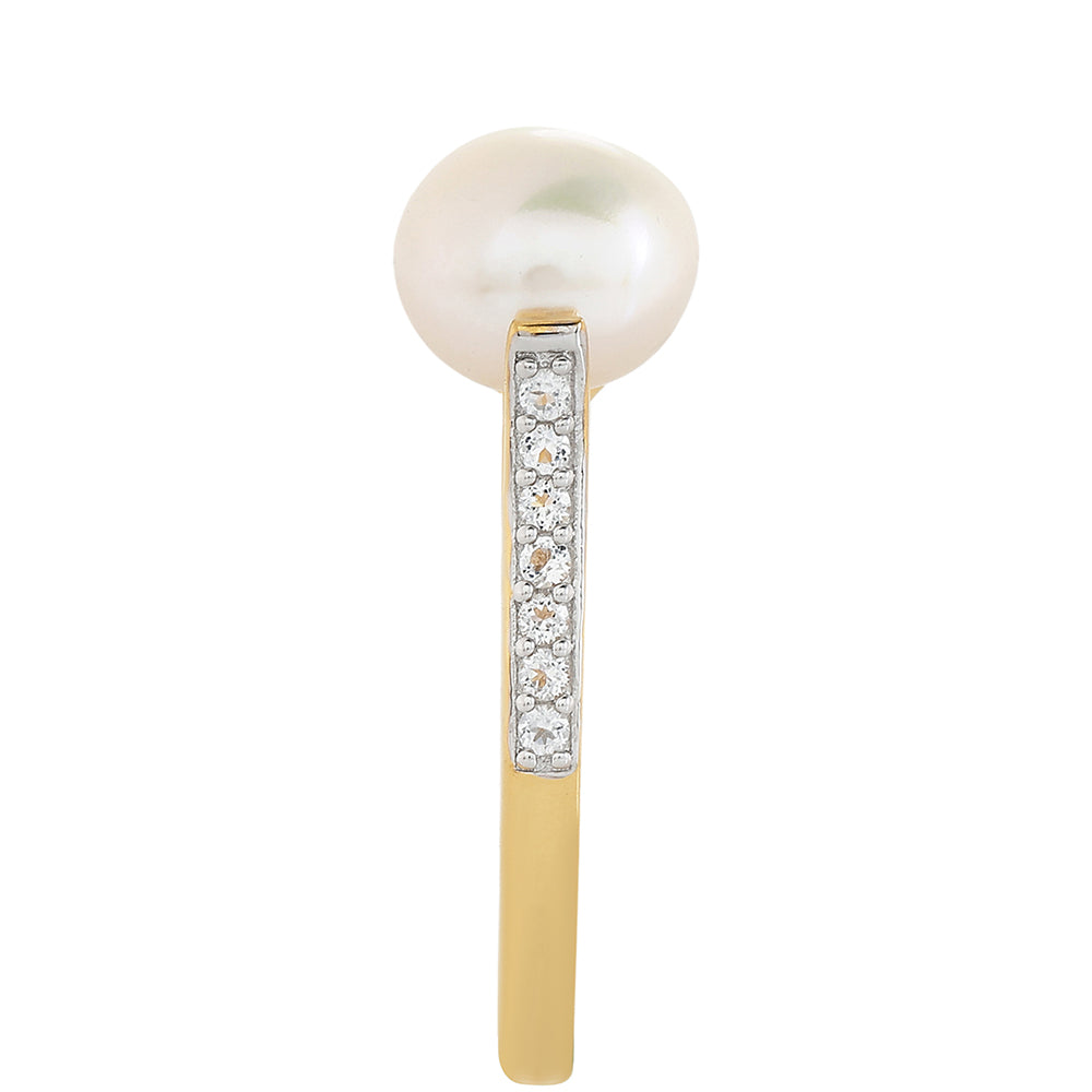 Pierścionek srebrny pozłacany z perłami hodowlanymi słodkowodnymi i białym topazem