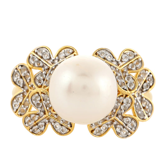 Pierścionek srebrny pozłacany z perłami hodowlanymi słodkowodnymi i białym topazem