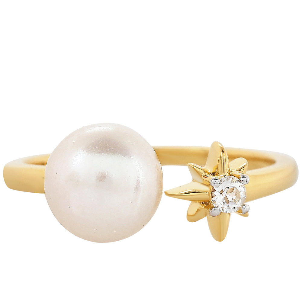 Pierścionek srebrny pozłacany z perłami hodowlanymi słodkowodnymi i białym topazem
