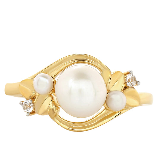 Pierścionek srebrny pozłacany z perłami hodowlanymi słodkowodnymi i białym topazem