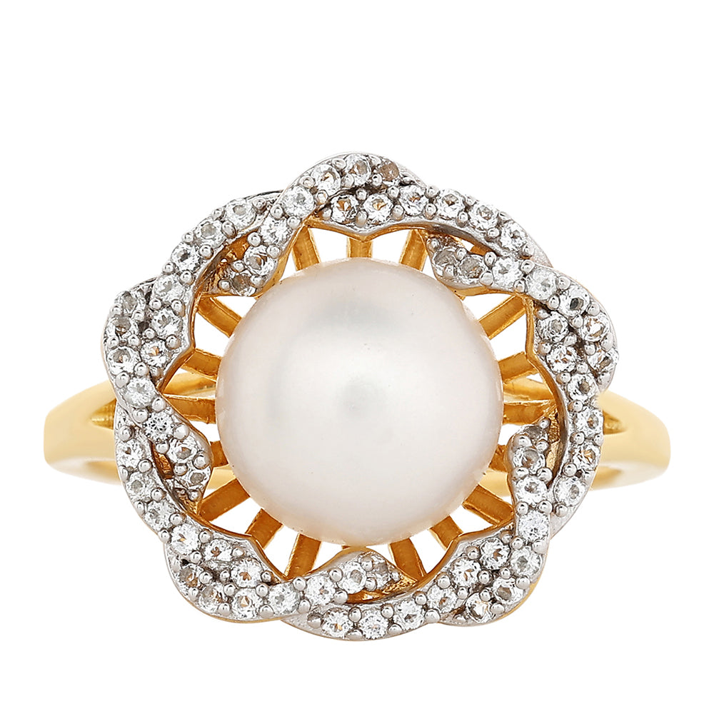 Pierścionek srebrny pozłacany z perłami hodowlanymi słodkowodnymi i białym topazem