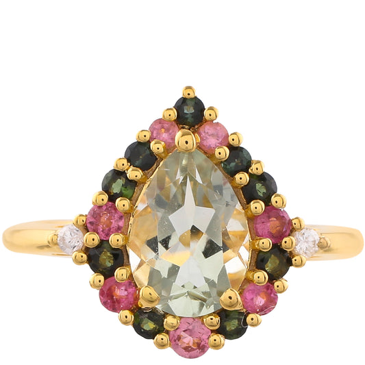 Pierścionek srebrny pozłacany z zielonym ametystem i różowym turmalinem