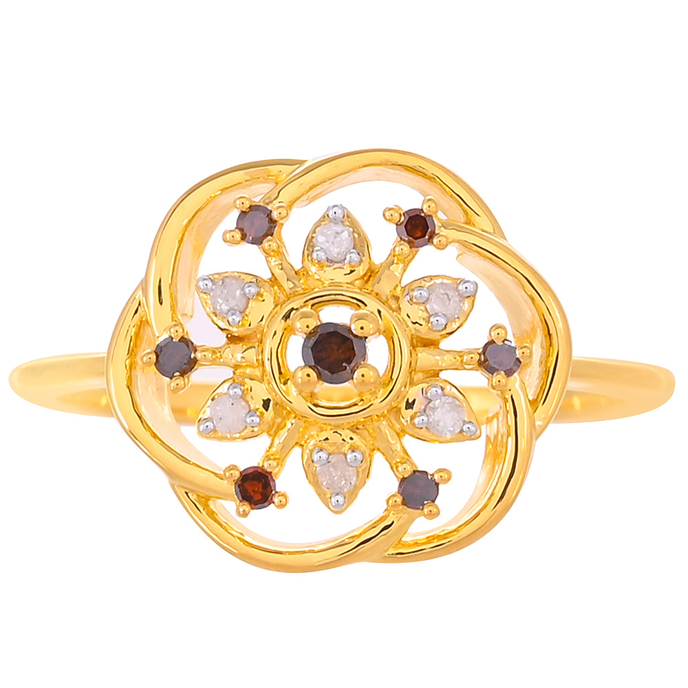 Pierścionek srebrny pozłacany z czerwonym diamentem i białym diamentem