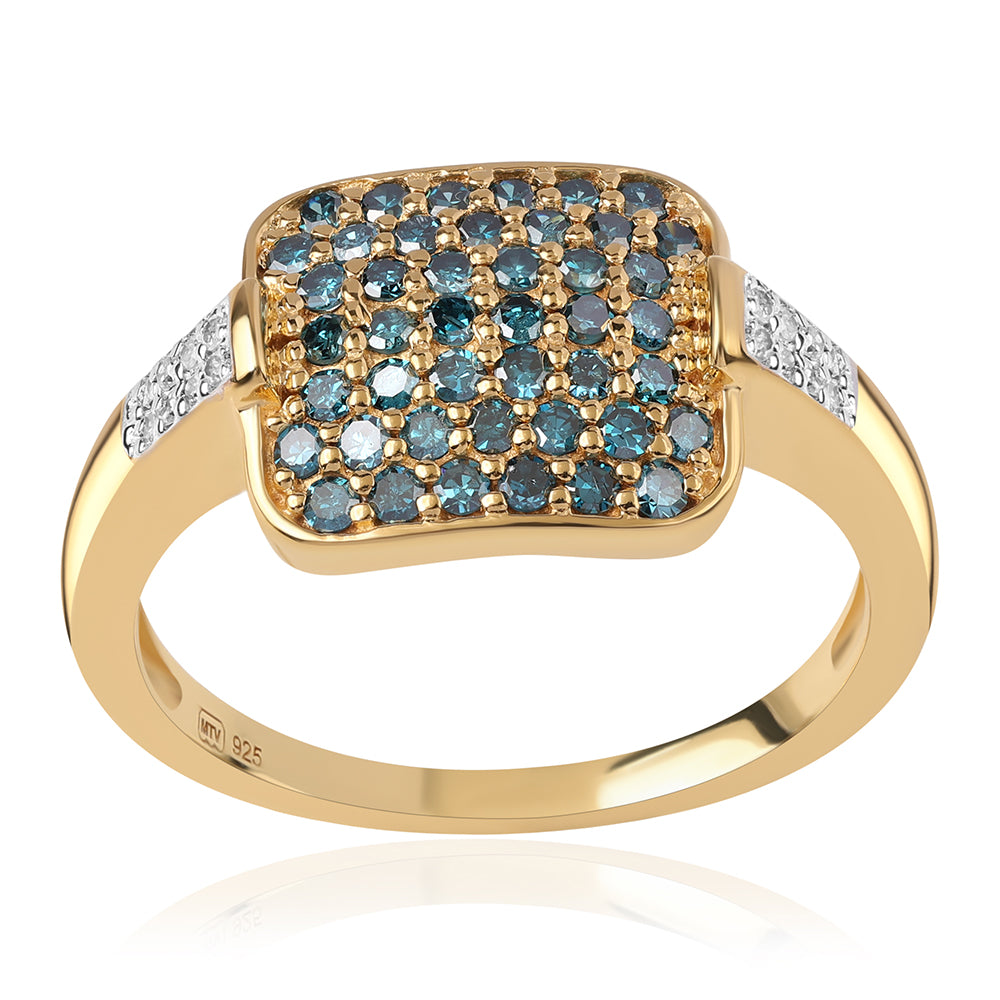 Pierścionek srebrny pozłacany z niebieskim diamentem i białym diamentem 1 