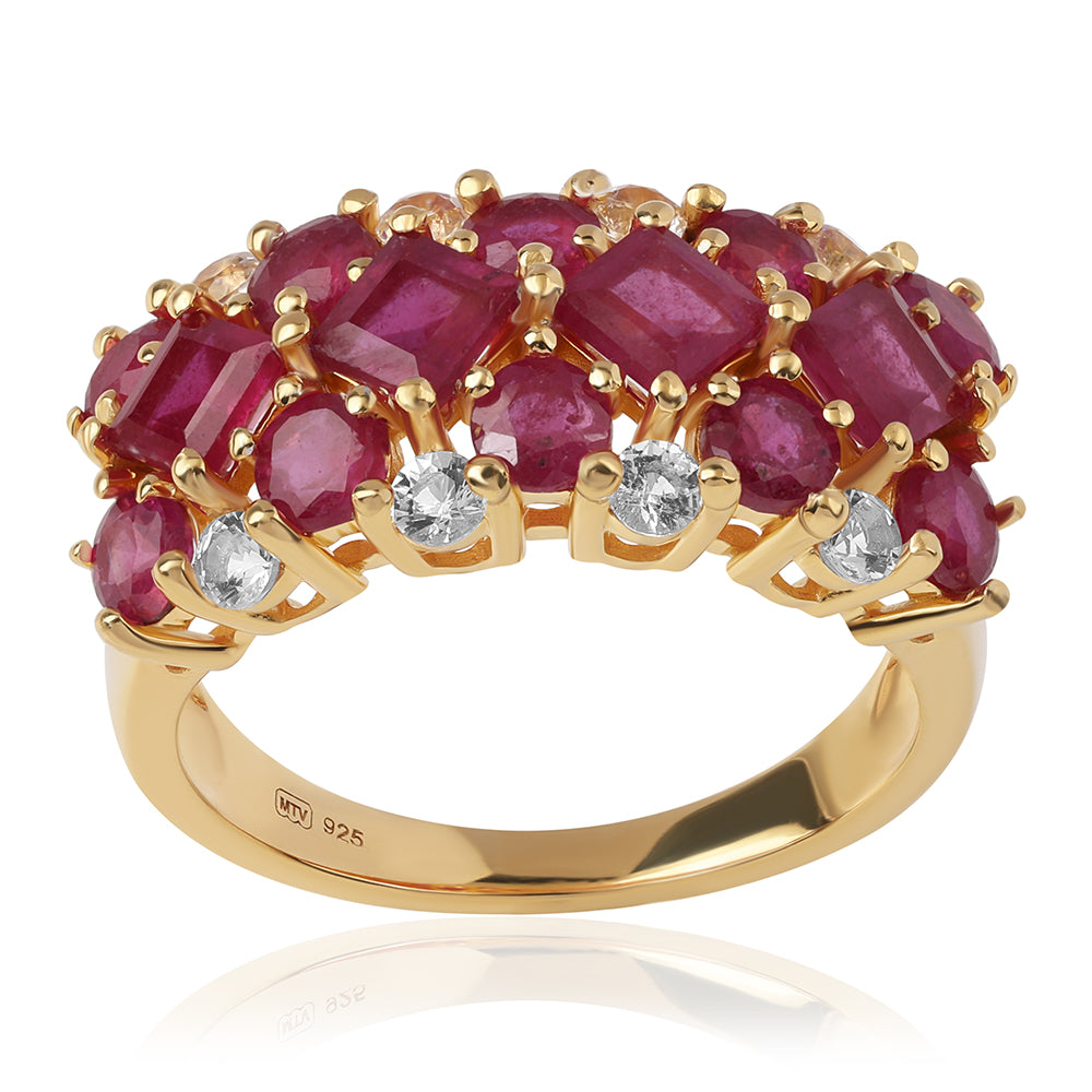 Pierścionek srebrny pozłacany z mozambickim rubinem i białym topazem