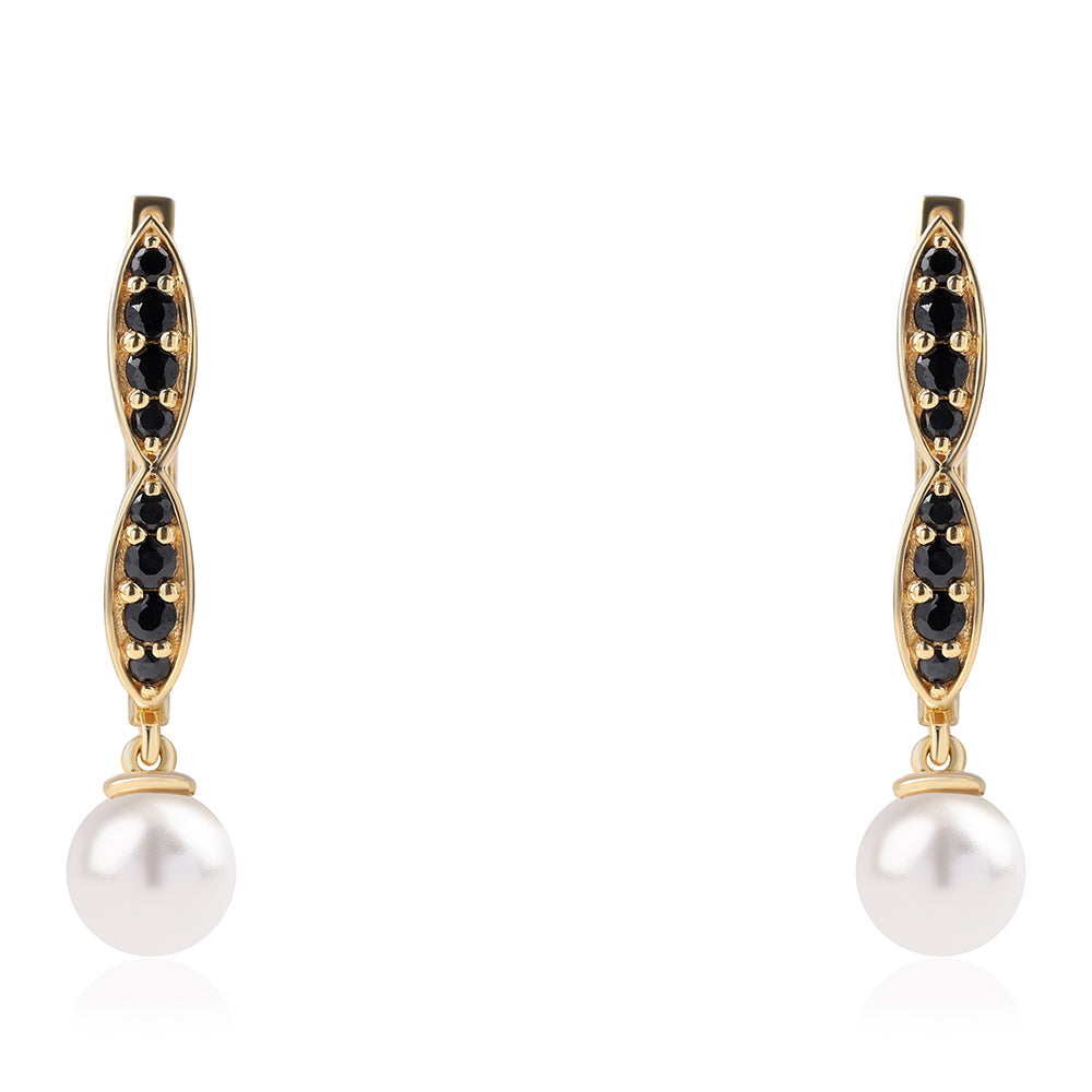 Kolczyki srebrne pozłacane z czarnym spinelem i białą perłą słodkowodną 1 