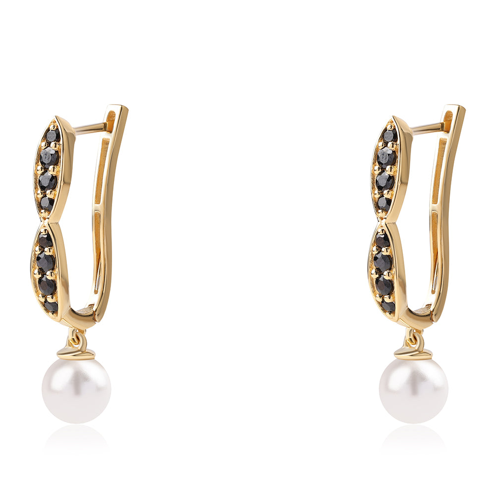Kolczyki srebrne pozłacane z czarnym spinelem i białą perłą słodkowodną 2 