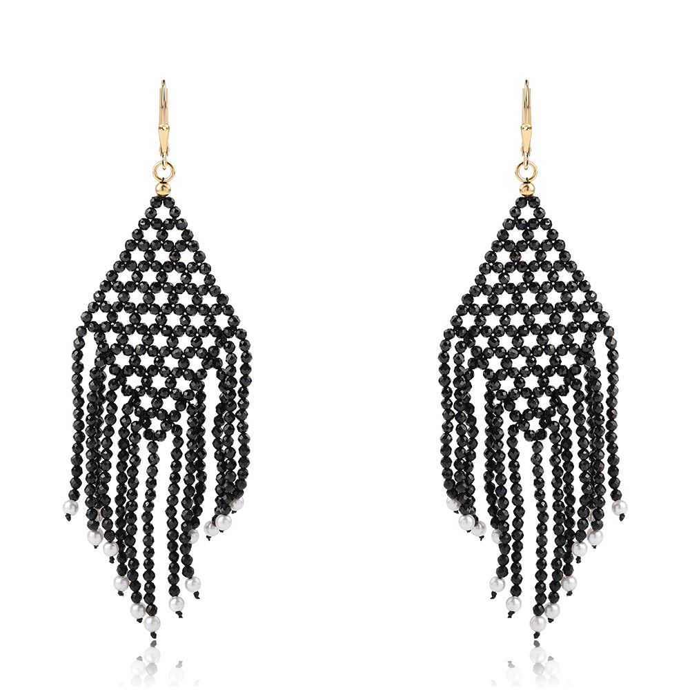 Kolczyki srebrne pozłacane z czarnym spinelem i białą perłą słodkowodną 1 