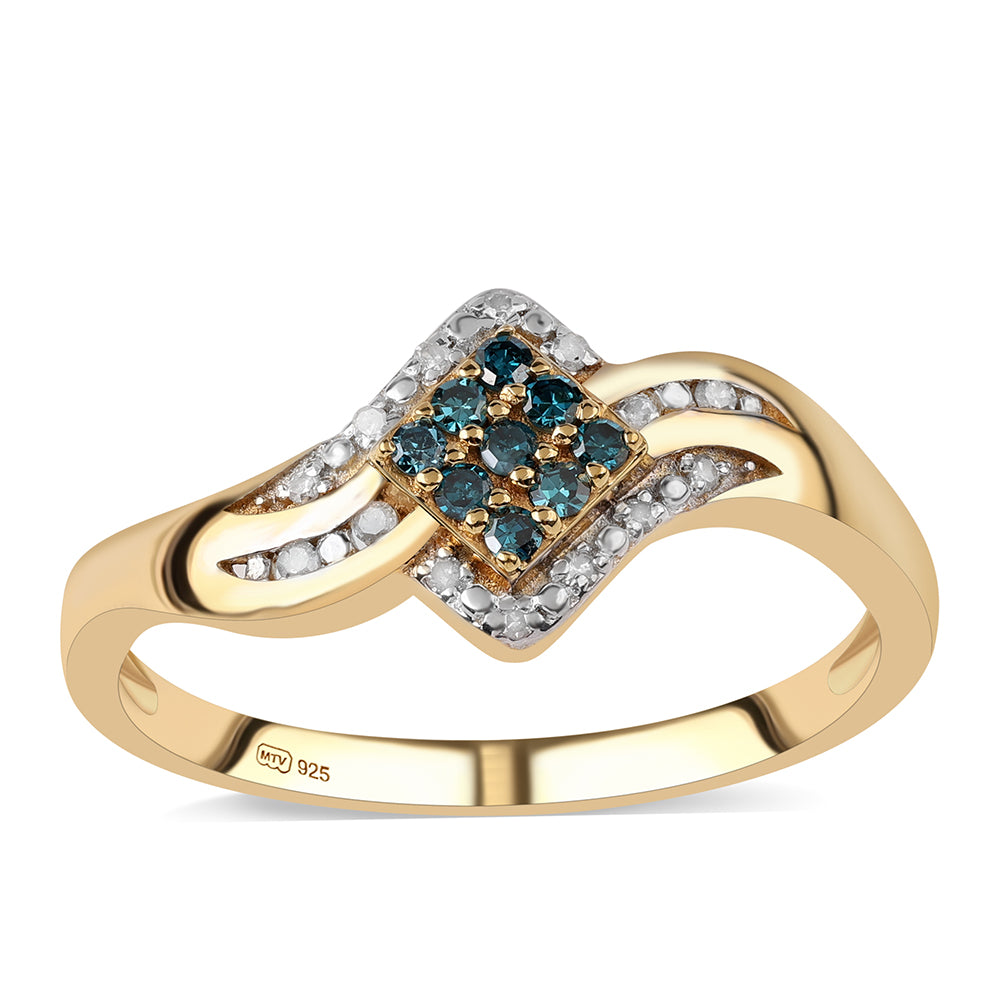 Pierścionek srebrny pozłacany z niebieskim diamentem i białym diamentem 1 