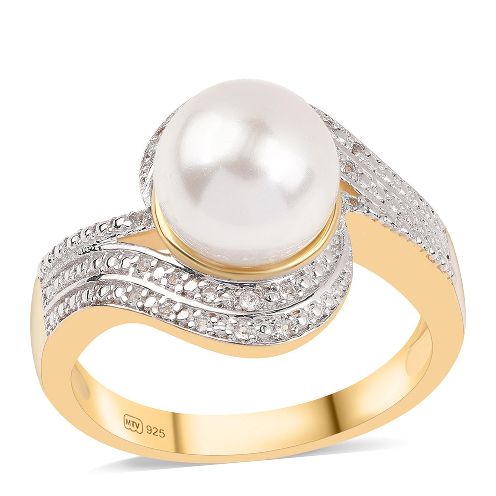 Pierścionek srebrny pozłacany z białą perłą słodkowodną i białym topazem