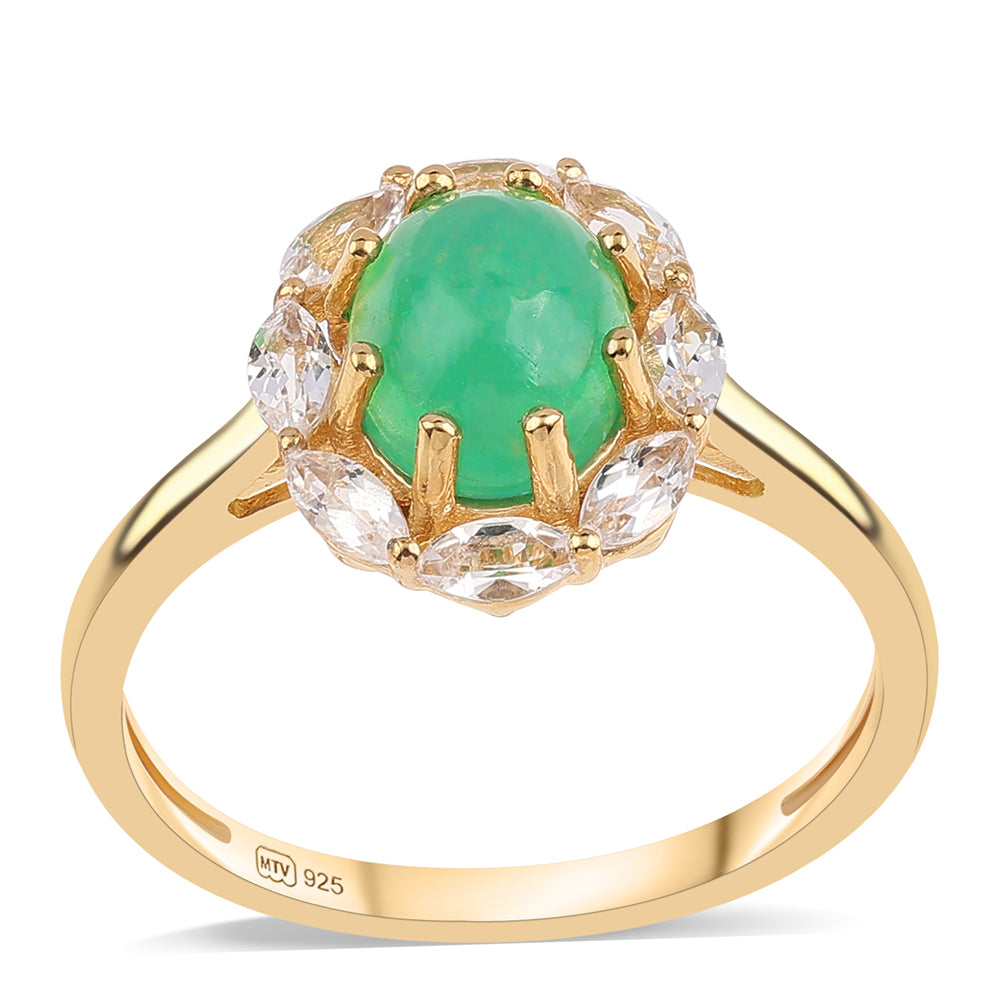 Pierścionek srebrny pozłacany z zielonym etiopskim opalem i białym topazem 1 