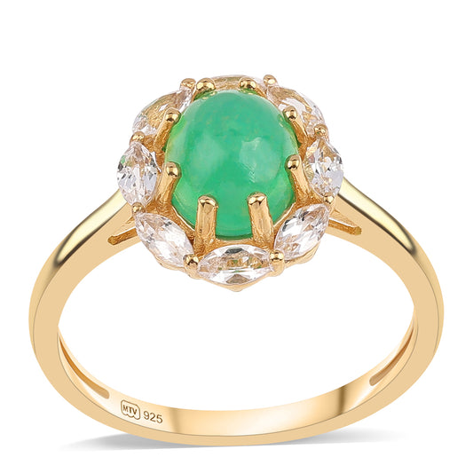 Pierścionek srebrny pozłacany z zielonym etiopskim opalem i białym topazem