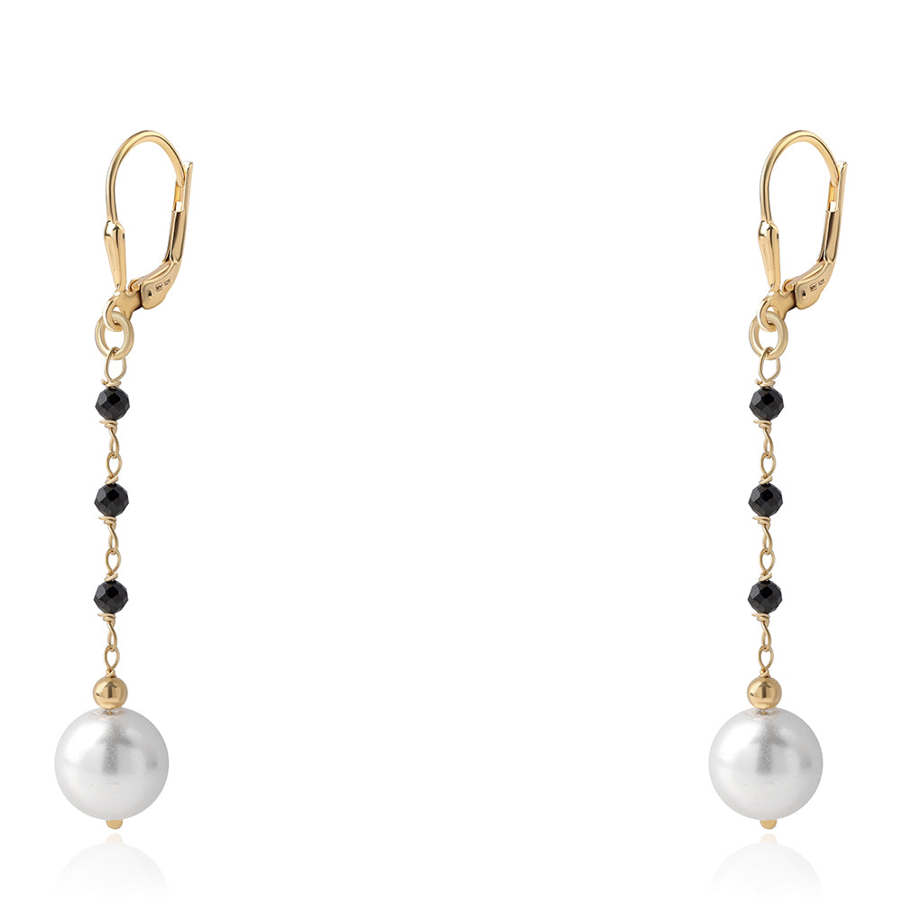 Kolczyki srebrne pozłacane z czarnym spinelem i białą perłą słodkowodną